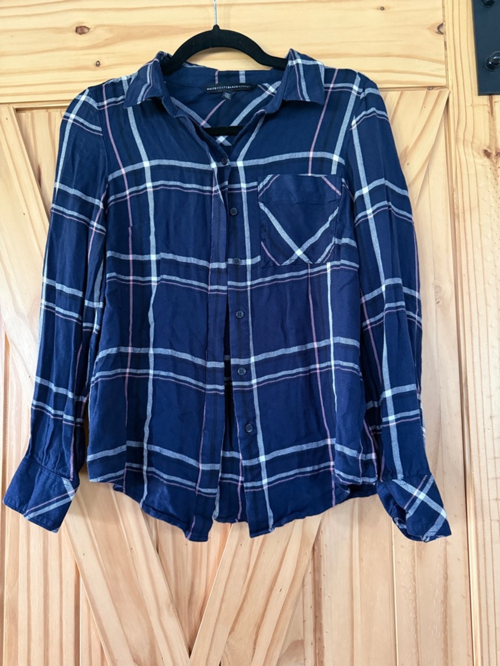 White House Black Market Navy Plaid Shirt with Pink and White Accents